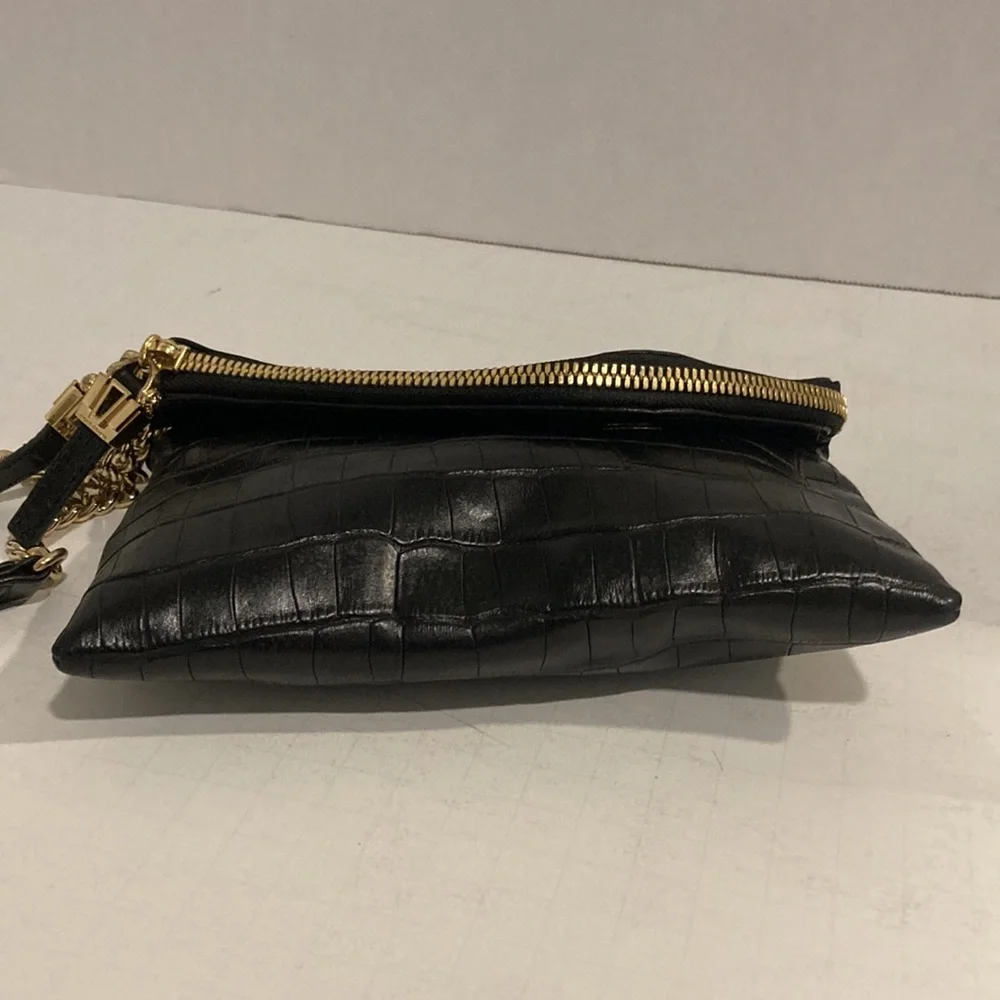henri bendel Black Croc-Embossed Leather Wristlet Clutch with Gold Hardware